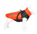 Polyester cotton dog coat with hook and loop closure in yellow, pink, green and orange on a white background