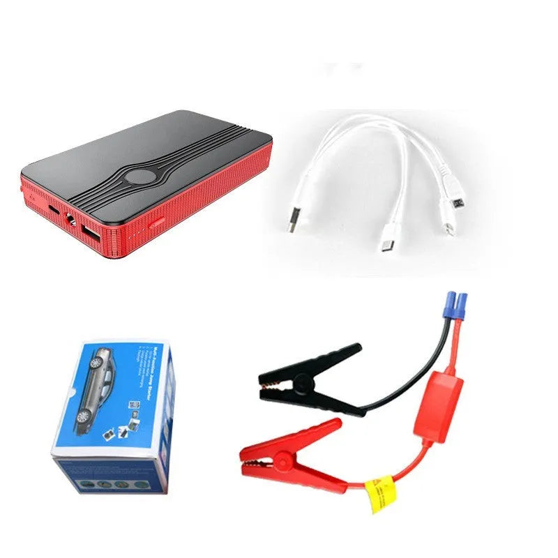 Red K4-E automobile emergency jump starter and power bank with data cable, compact rectangular design