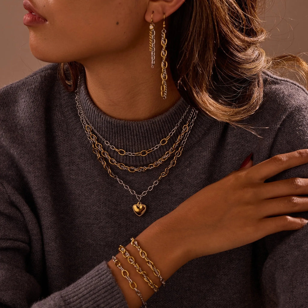 18K gold and silver stainless steel geometric chain jewellery set with necklace earrings and bracelet for women