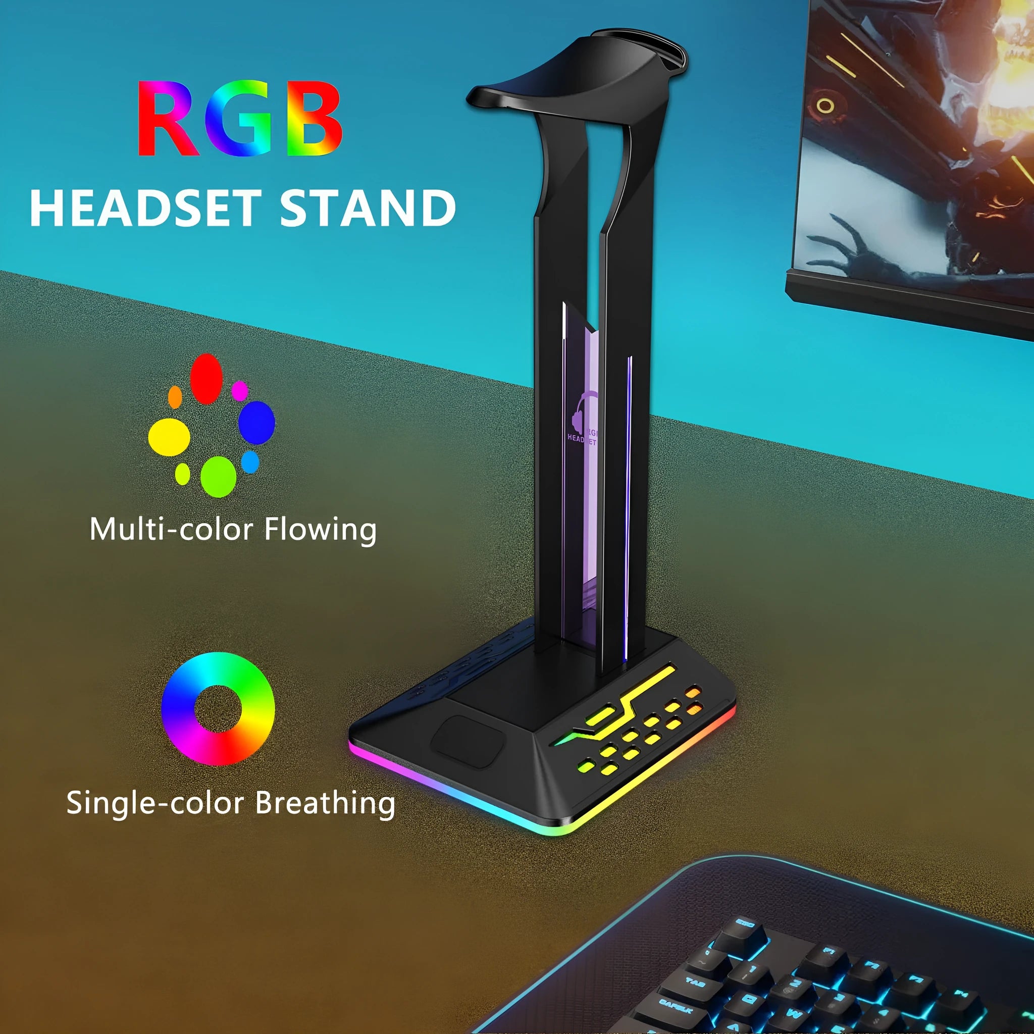 Headset display rack with RGB lighting and dual USB ports on a desk