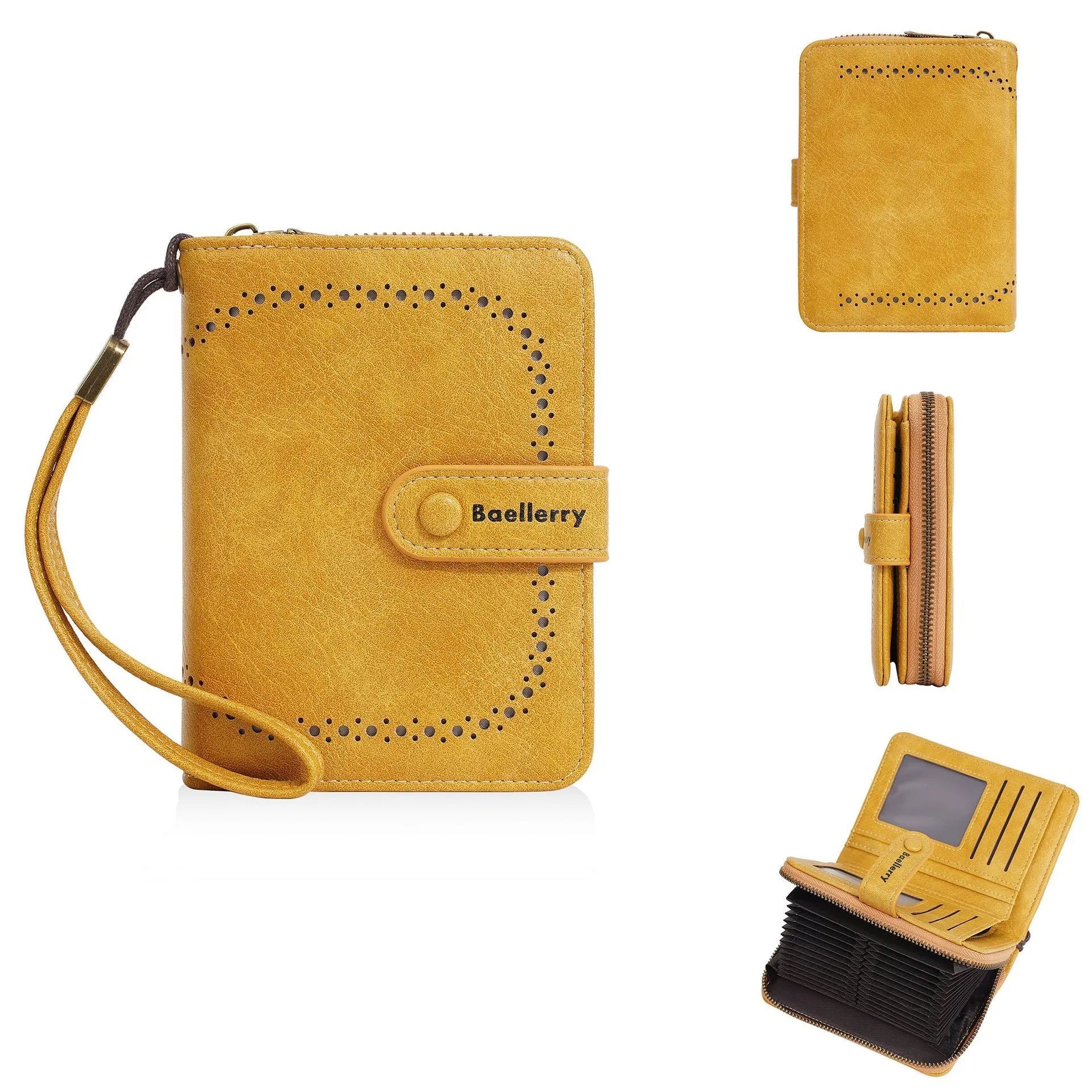 Women's black PU leather zip coin purse with card slots, shown alongside red, brown, and light grey colour options.