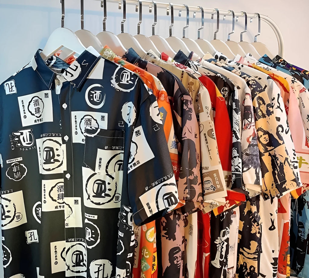 Men's loose fit floral print short sleeve button-up shirt in lightweight polyester