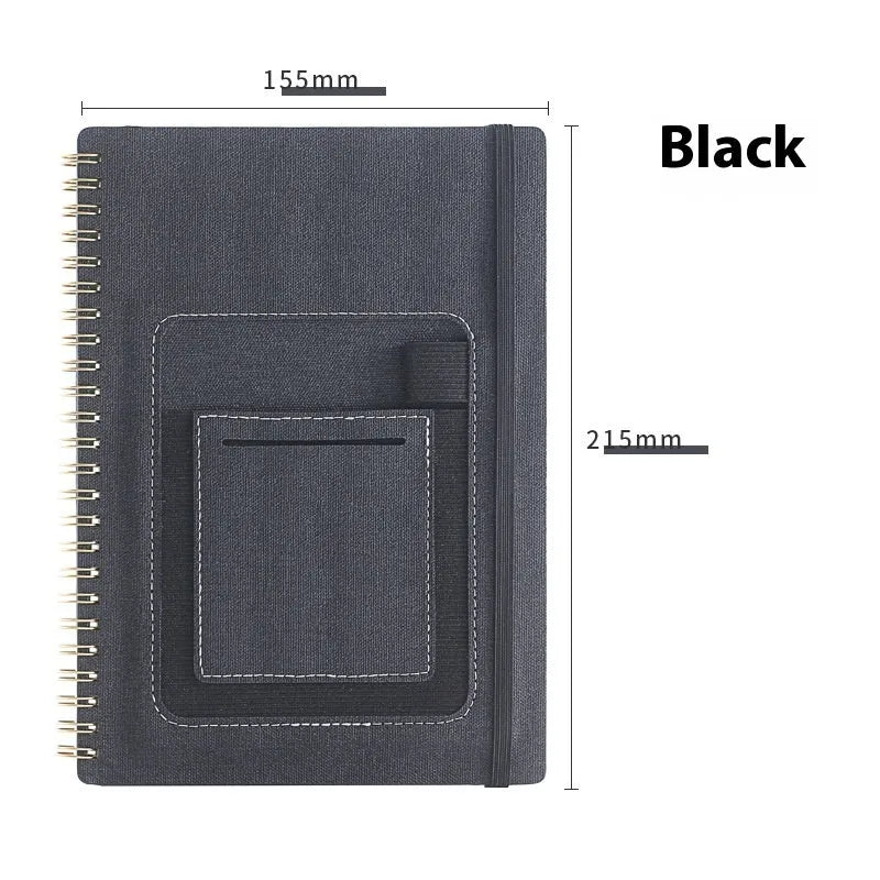 A5 spiral bound reusable notebook with stone paper, shown with pen on customisable coloured cover.