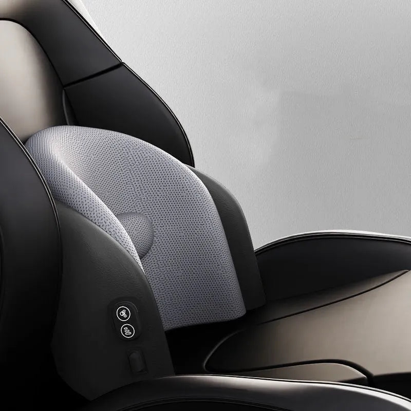 Modular car massage cushion with separate memory cotton headrest and lumbar support units in grey.