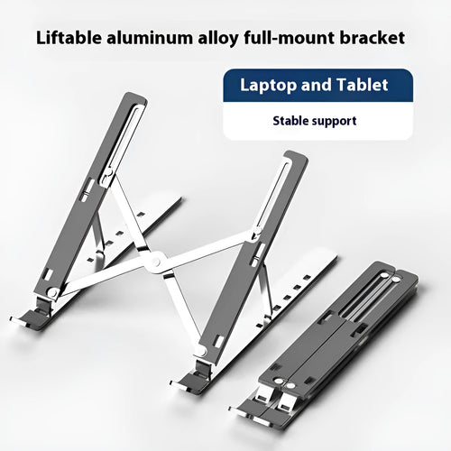 Silver aluminum alloy folding laptop stand supporting a large 18 inch notebook on a desk