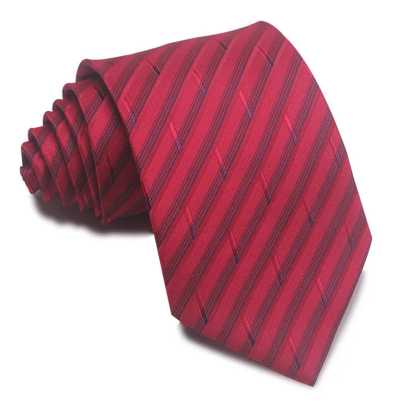 Men's red and black striped polyester jacquard tie with an arrow shape laid flat