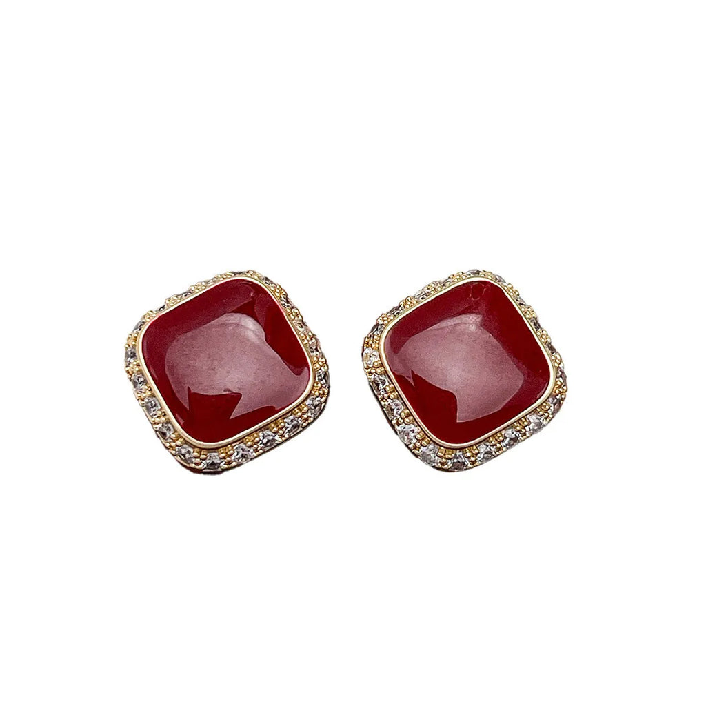 Red alloy square earrings with geometric inlaid design for women