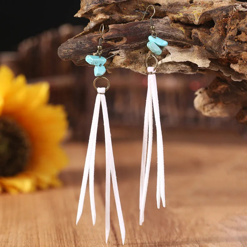 Retro long leather tassel earrings geometric shape women's gift black brown white