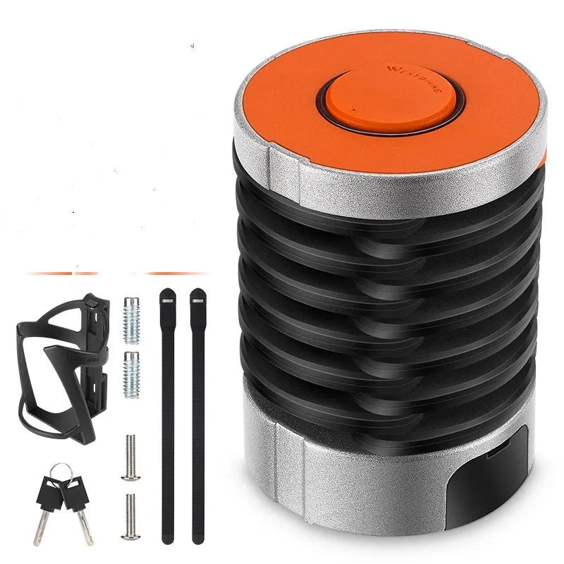 Portable black and black orange bicycle folding lock with multi-material construction.