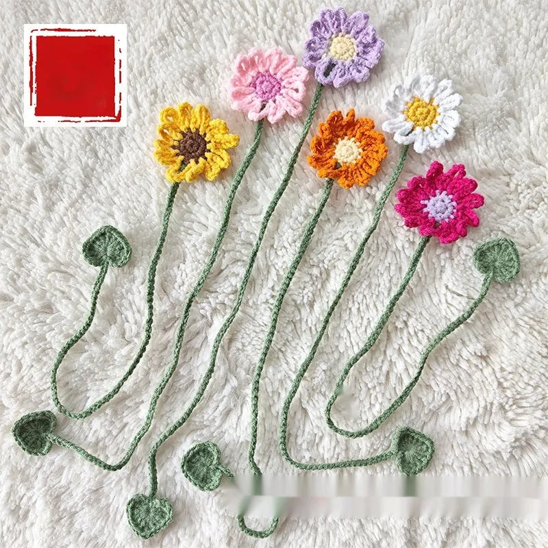 Hand-crocheted wool daisy bookmark with flexible wire in multiple colour options