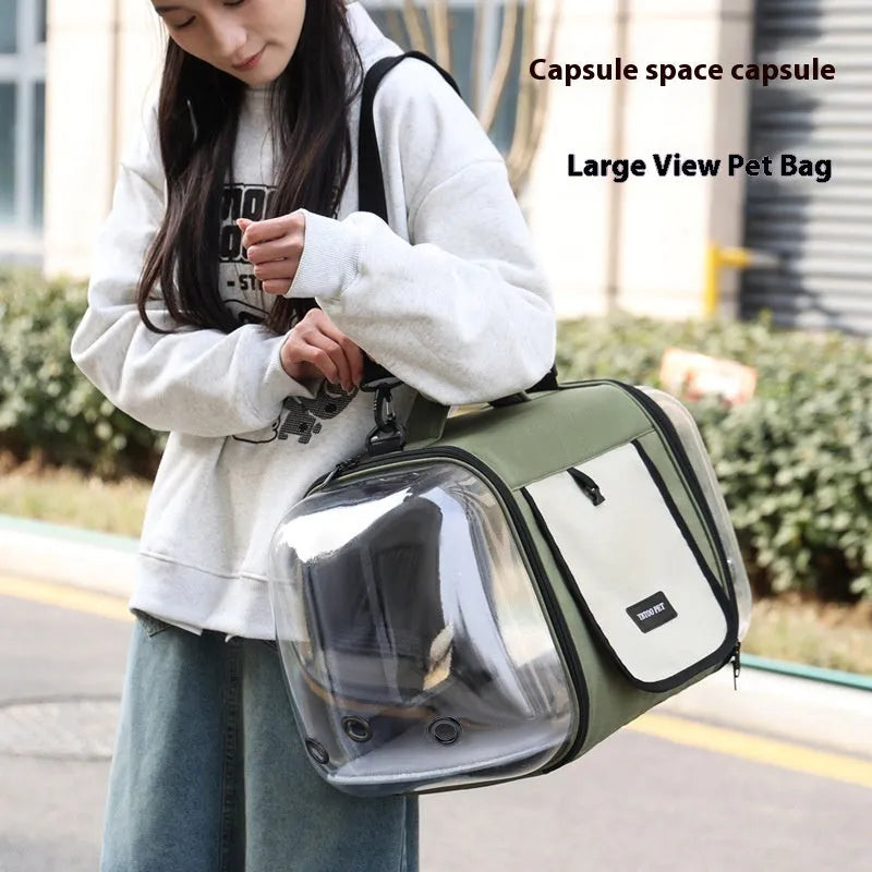 Outdoor portable one-shoulder pet bag in solid colour with roller shutter access for cats under 10.00kg