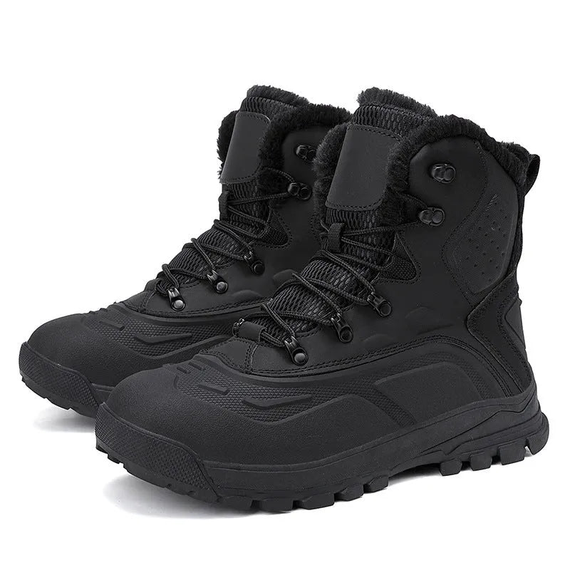 Men's black high-top boots with fleece lining, flat heel, and lace-up front