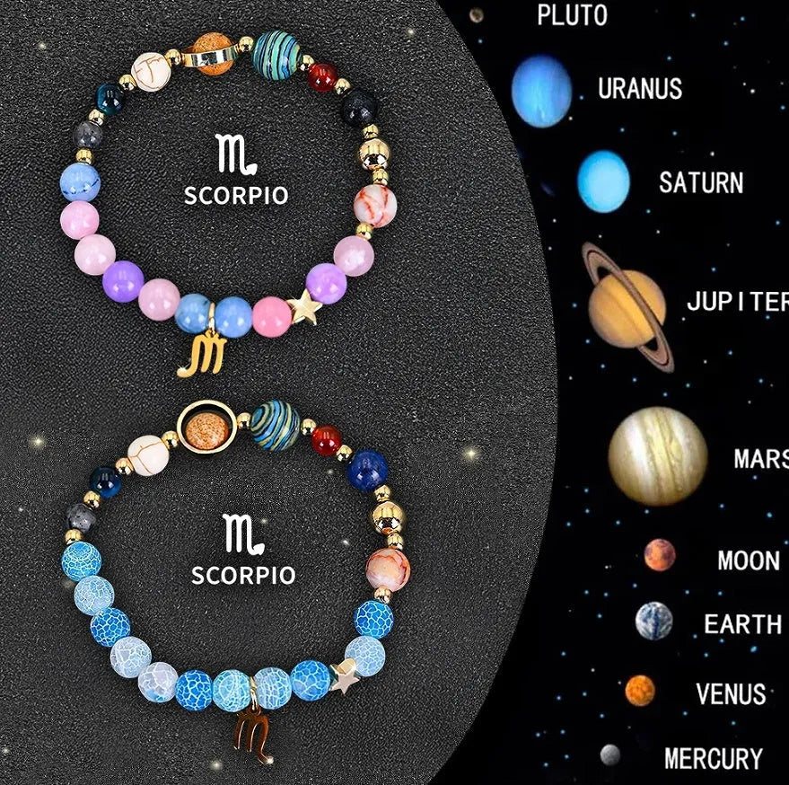 Set of two natural stone beaded bracelets with zodiac charms on a textured background.