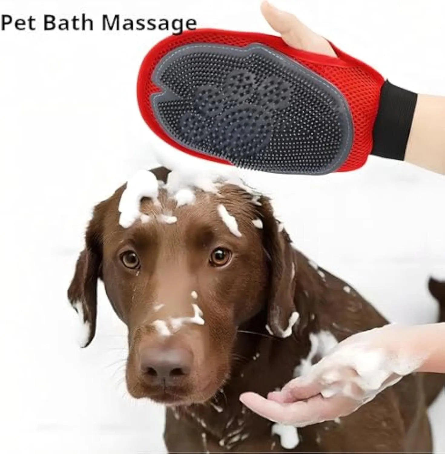 Red pet bathing glove with integrated brush for grooming and hair removal during bathing