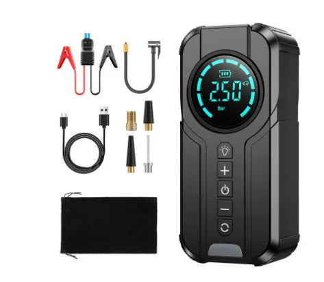 Black portable vehicle air pump with 13cm inflatable pipe, multiple nozzles and 3m power cable for 12V operation