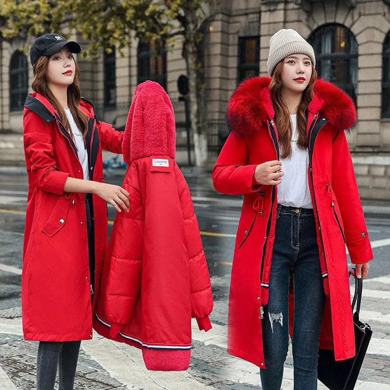 Women's long white cotton-padded fleece trench coat with down cotton filler, shown in elegant style.