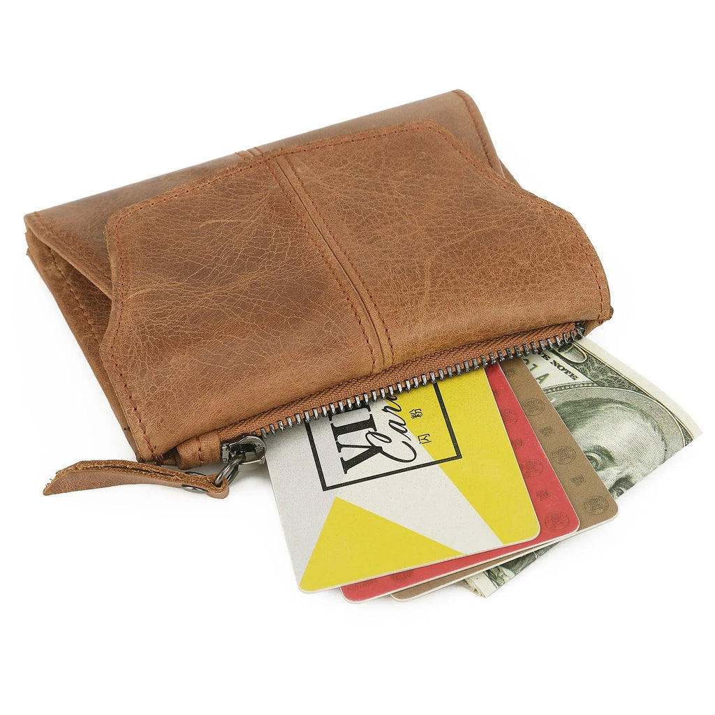 Cowhide genuine leather coin purse with stitching details and lock in retro style