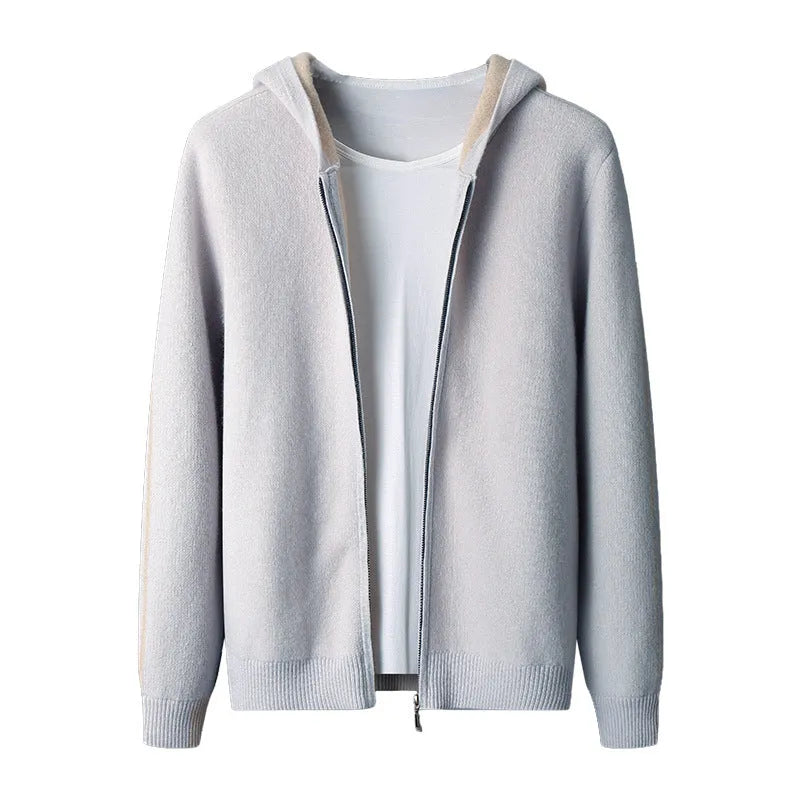 Men's dark blue cashmere cardigan sweater with half-high collar and front zipper