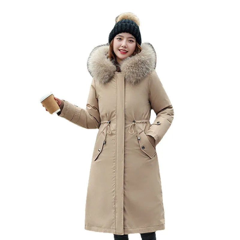 Women's long white cotton-padded fleece trench coat with down cotton filler, shown in elegant style.