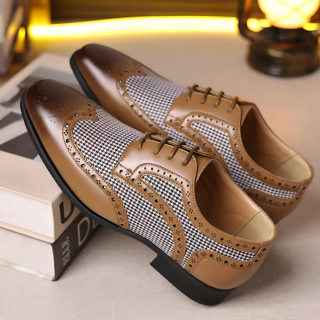 Men's black houndstooth plaid casual shoes with canvas upper, square toe, and rubber sole