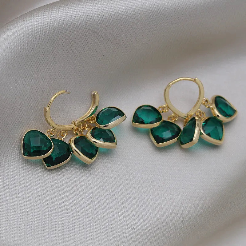 Green heart shape pendant clip-on earrings with glass decoration in Korean style