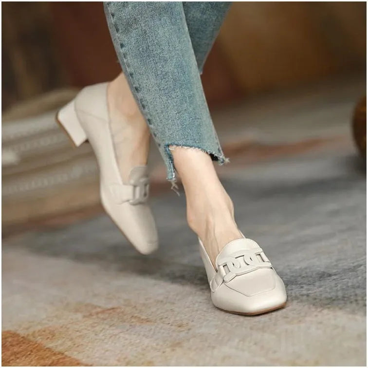 Women's British style chunky heel pumps loafer in beige solid colour, square toe, one-pedal design