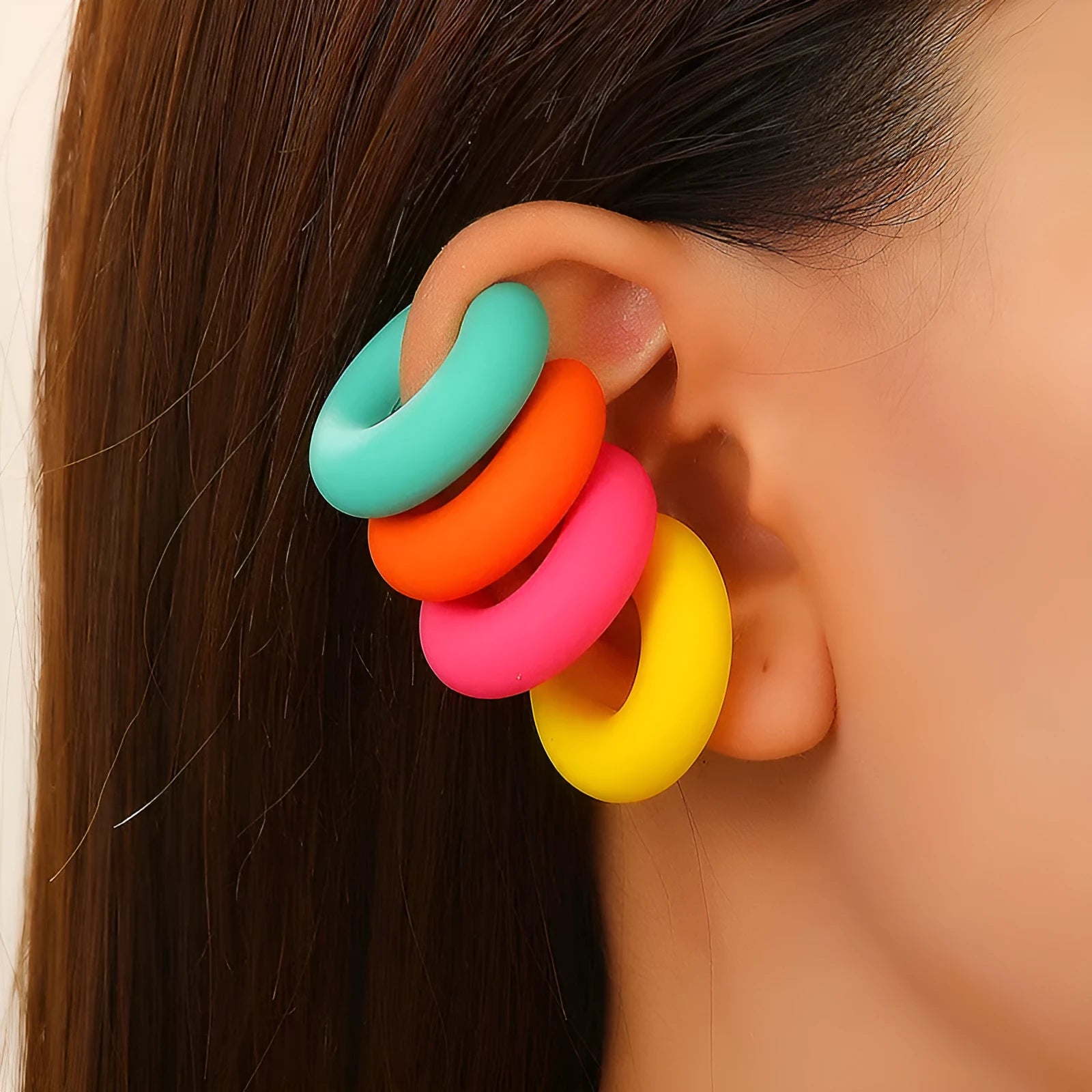 Matte coarse finish geometric C-shaped clip-on earrings for women in a selection of candy colours.