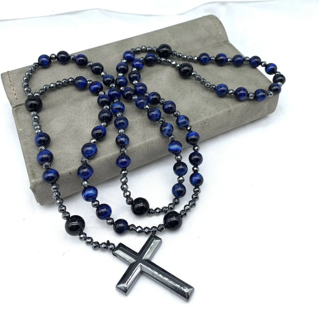 Men's stone cross pendant necklace on ball bead chain with safety lock clasp