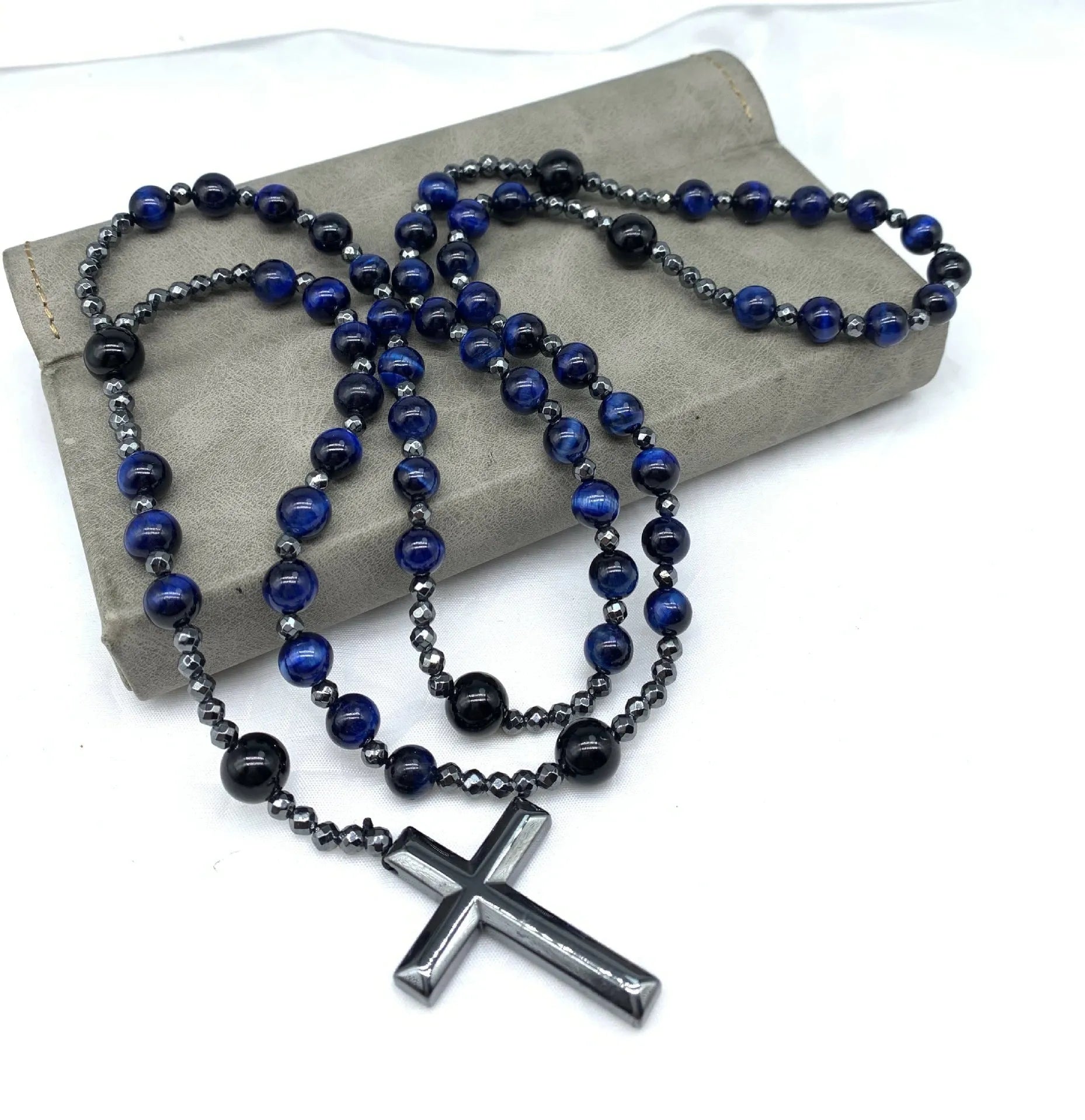 Men's stone cross pendant necklace on ball bead chain with safety lock clasp