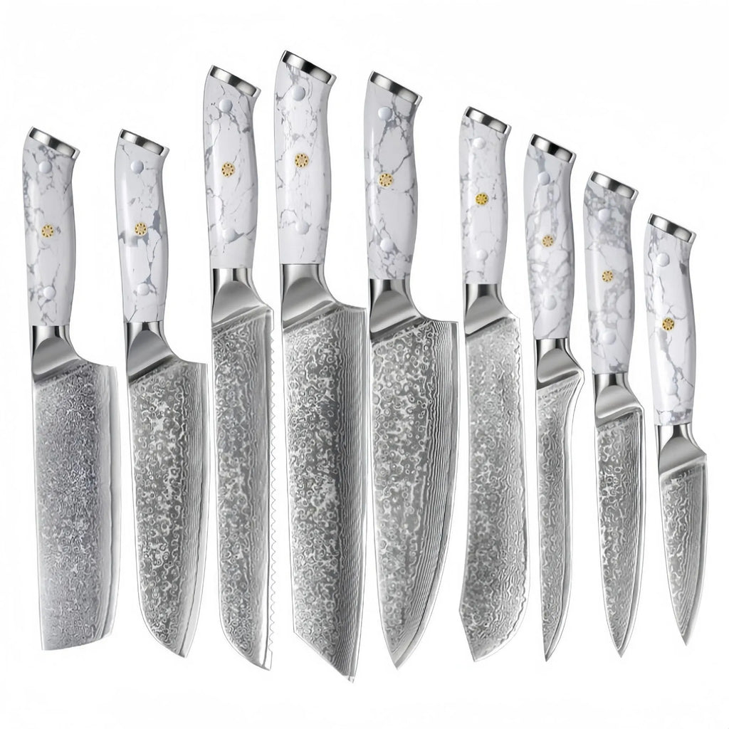 Damascus style combined chef's knife with VG10 steel blade, 21cm blade length on a wooden surface.