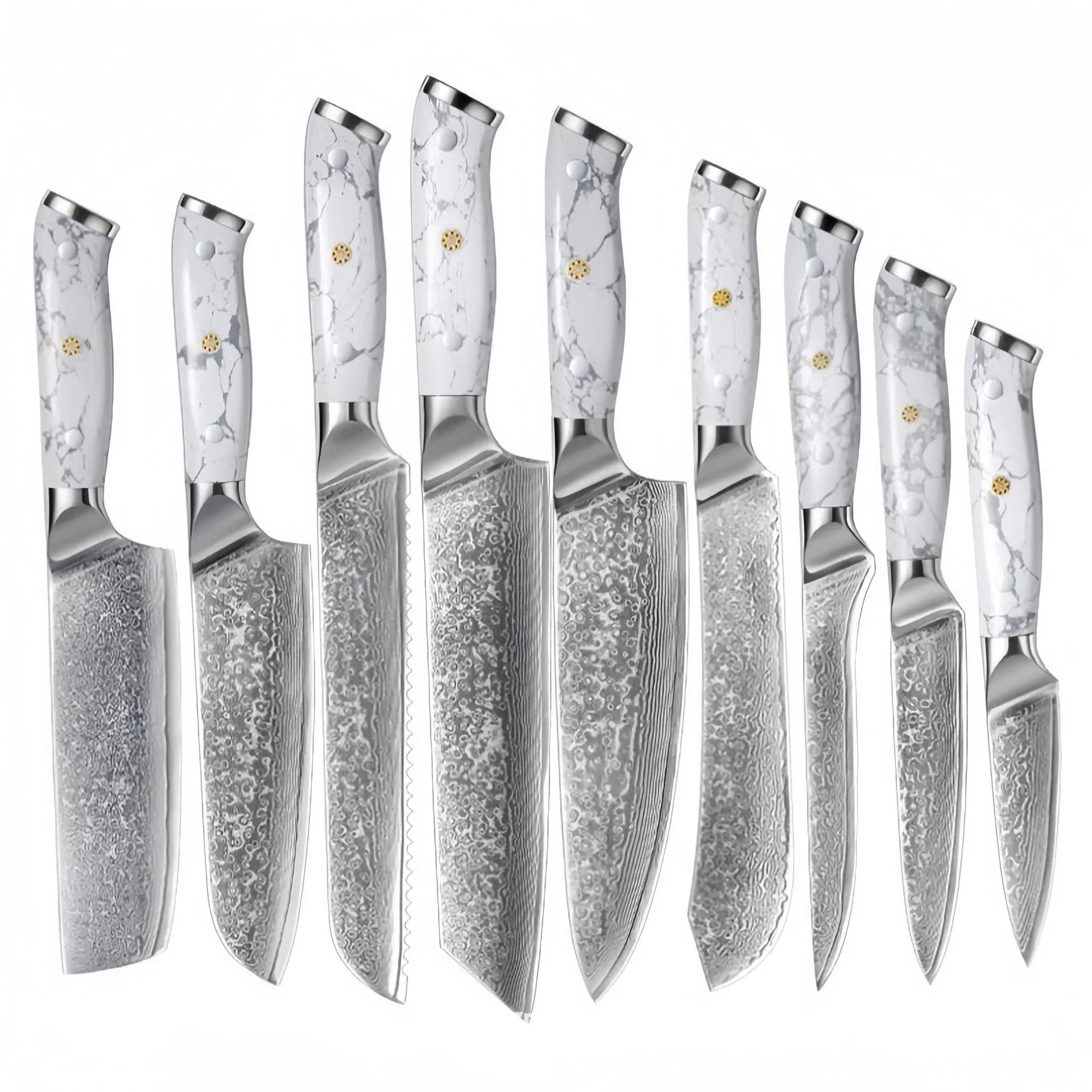 Damascus style combined chef's knife with VG10 steel blade, 21cm blade length on a wooden surface.