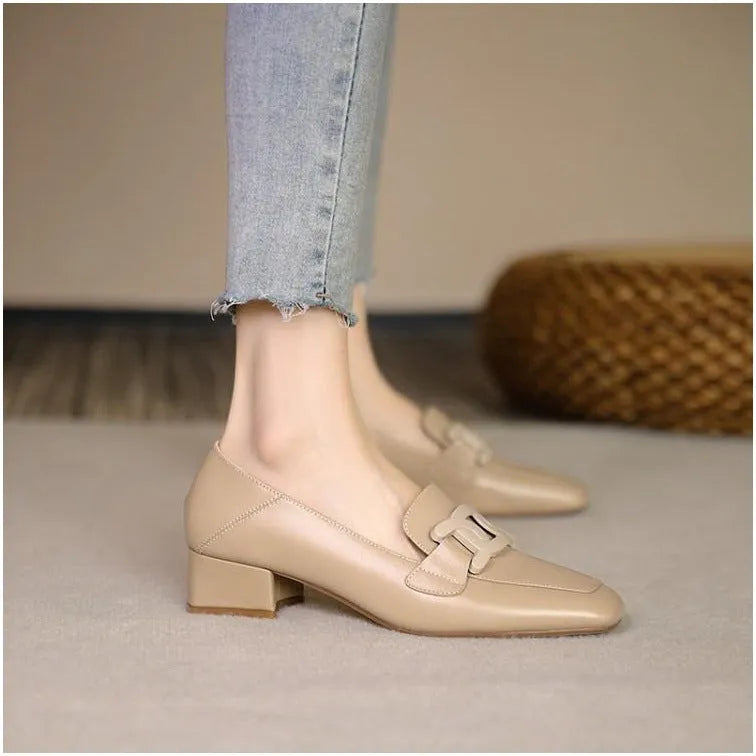 Women's British style chunky heel pumps loafer in beige solid colour, square toe, one-pedal design