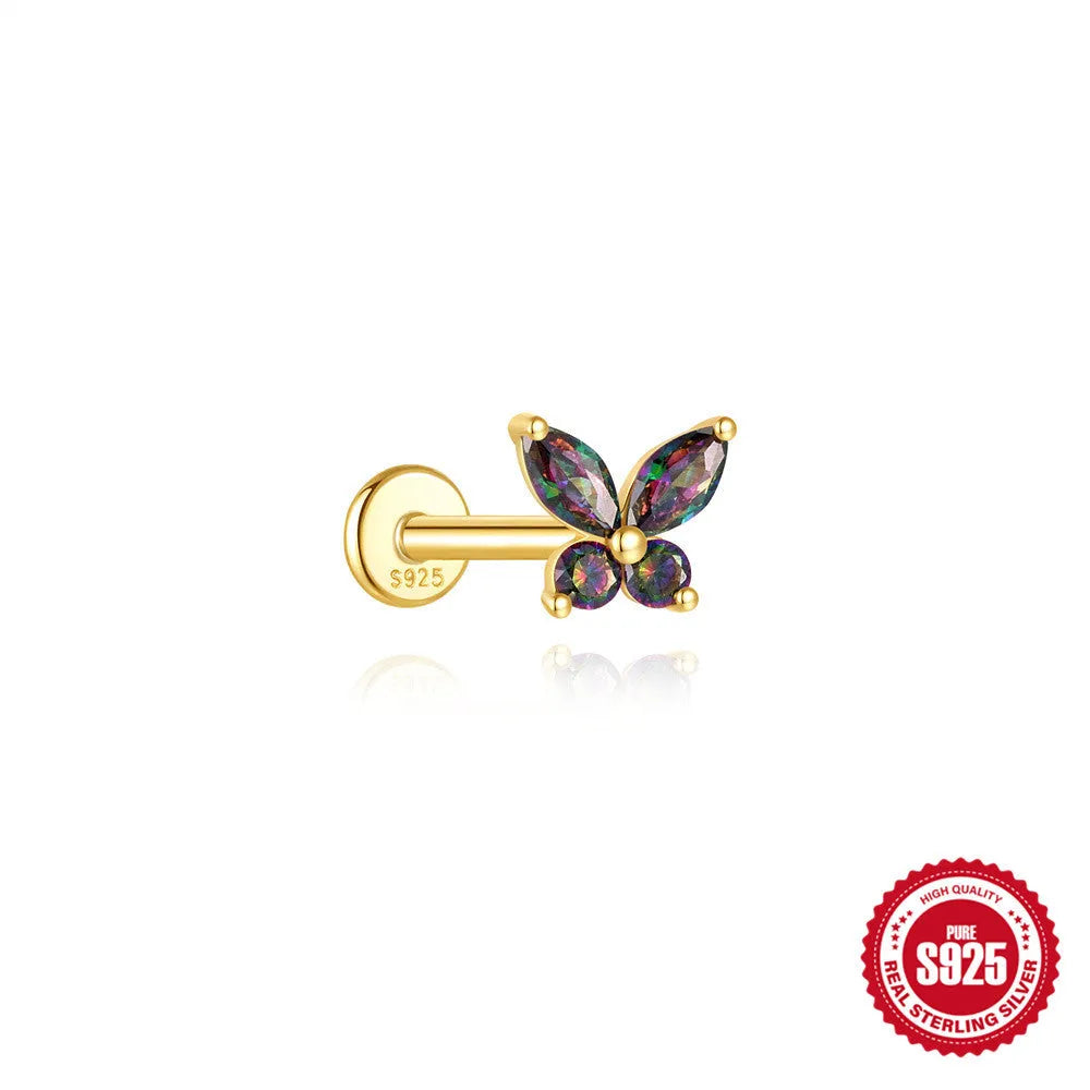 S925 sterling silver piercing earrings with rainbow stone flat head thread in gold colours