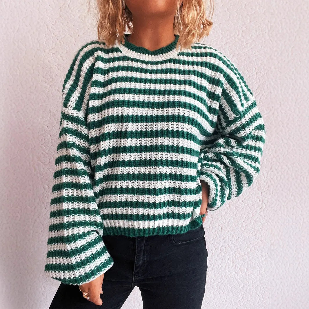 Women's vintage stripe knitted loose-fit pullover sweater in polyester, shown in a selection of colours.