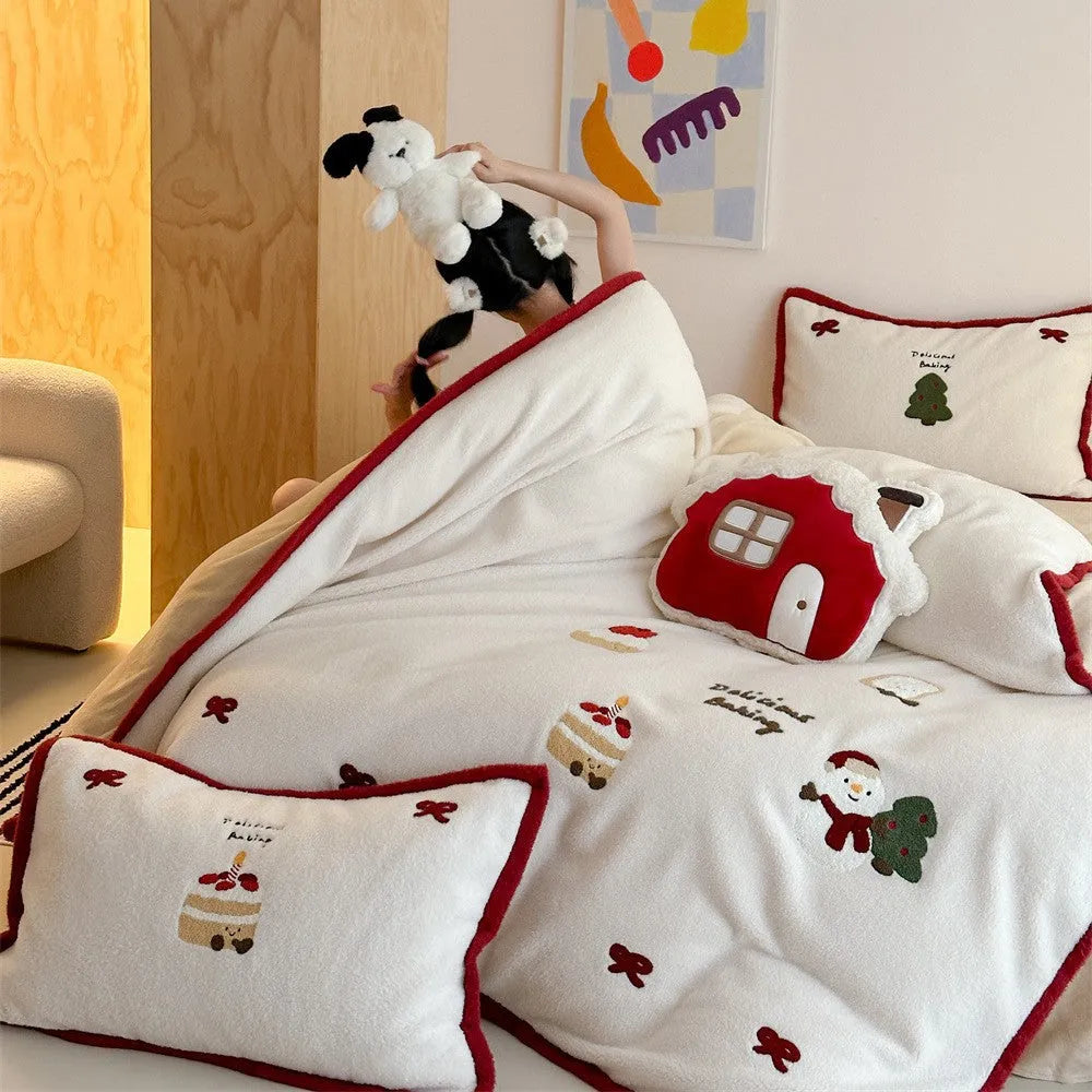 Winter Christmas bed sheet four-piece set with girl's heart cartoon design in polyester fabric