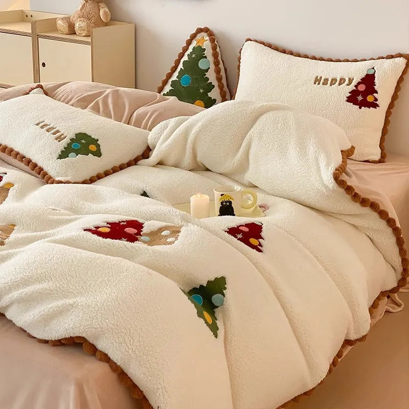 Bright yellow Christmas tree cartoon bedding set with fleece lining on bed