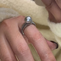 Adjustable copper open finger ring with geometric black pearl design