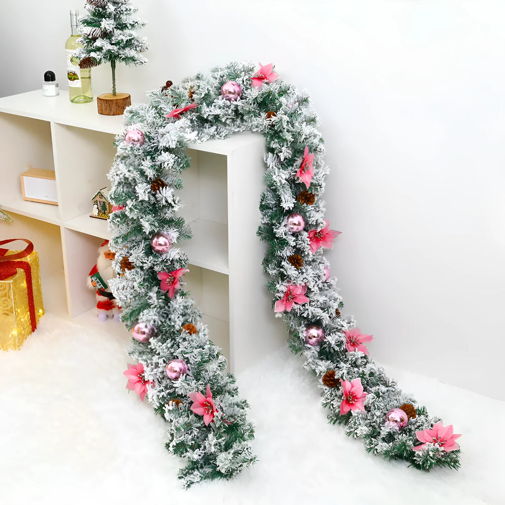 240cm artificial rattan Christmas garland with flocking decoration in golden colour