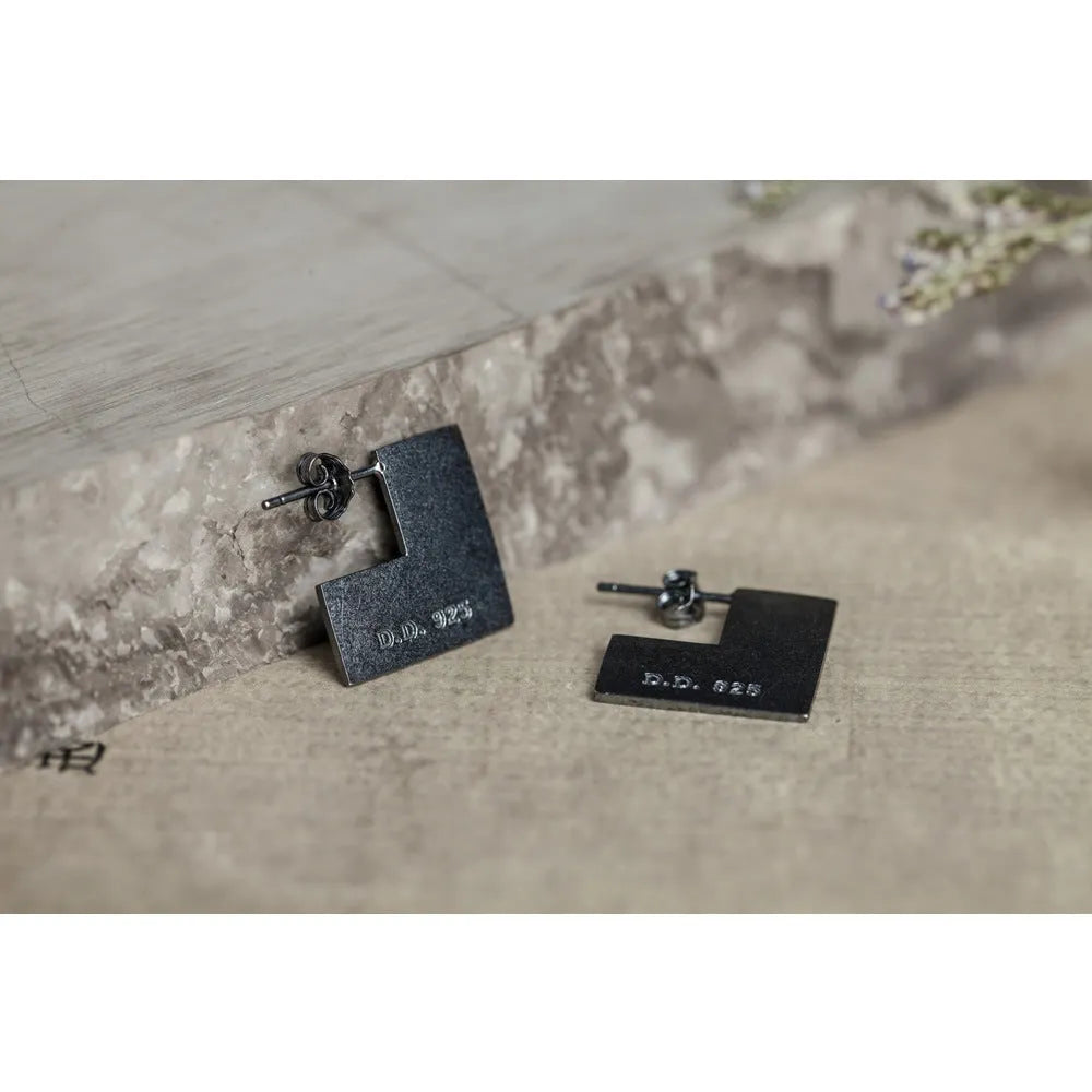 925 sterling silver geometric square earrings ring with oxidation black finish