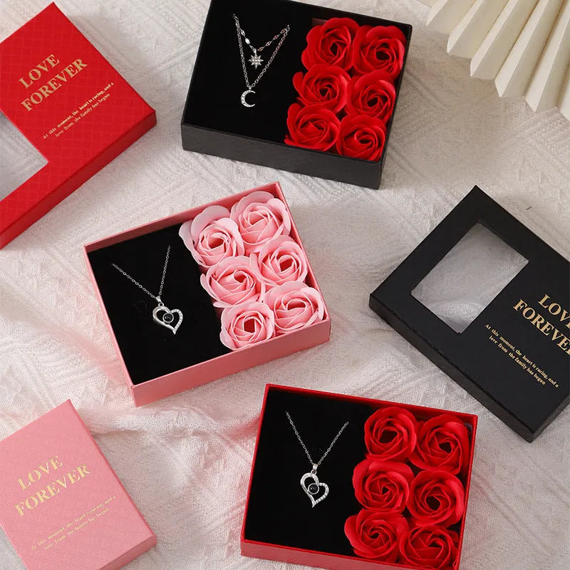 Korean style soap flower gift box set with six roses, presentation handbag, in red, pink, or black.