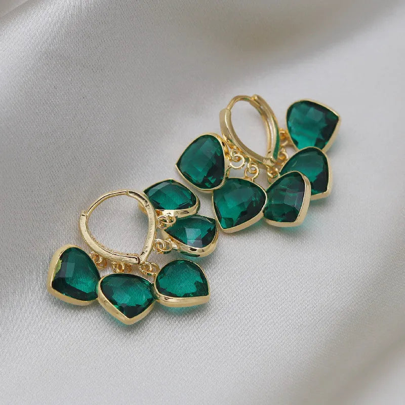 Green heart shape pendant clip-on earrings with glass decoration in Korean style