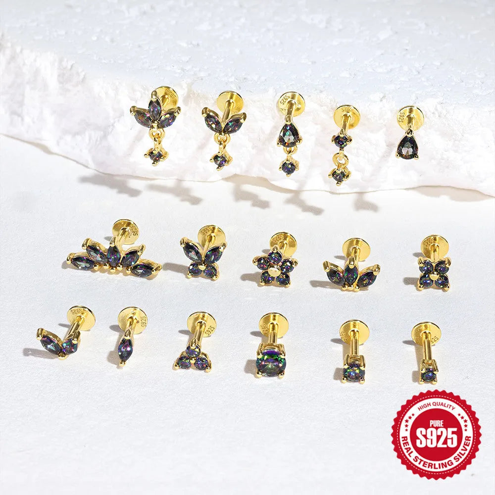 S925 sterling silver piercing earrings with rainbow stone flat head thread in gold colours