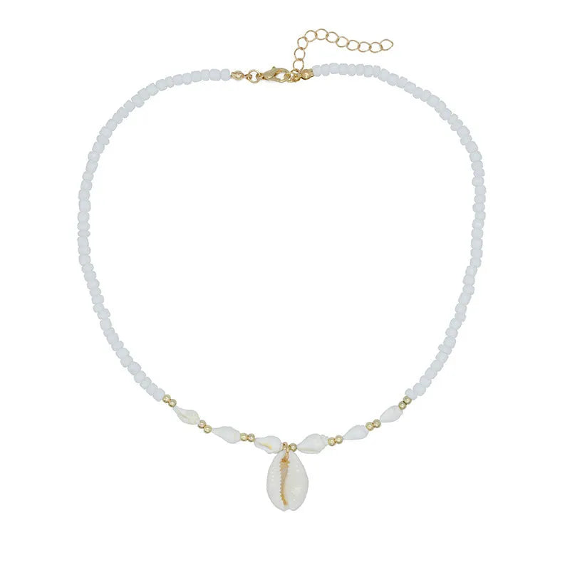 White Mother of Pearl conch shell necklace with regular chain on display