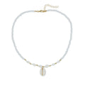 White Mother of Pearl conch shell necklace with regular chain on display