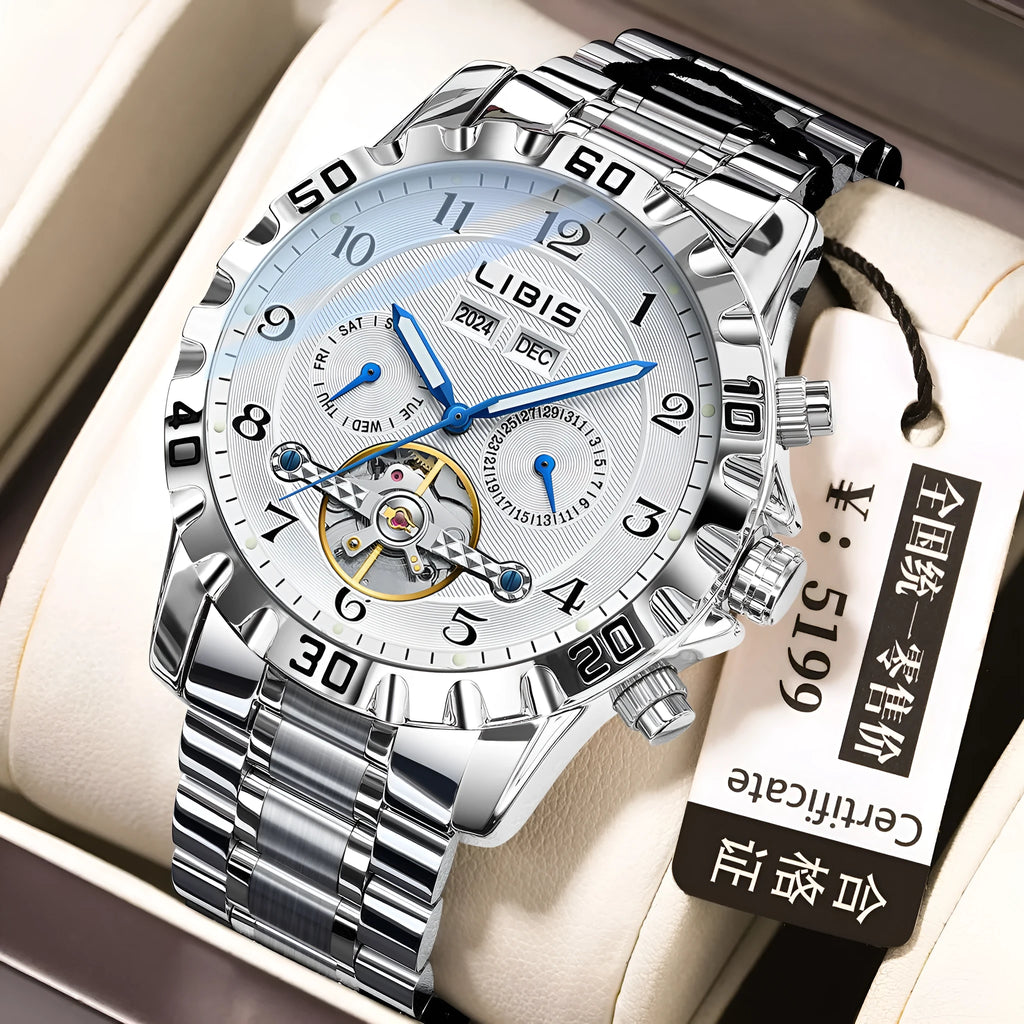 Men's silver steel belt automatic perpetual calendar mechanical watch with business style