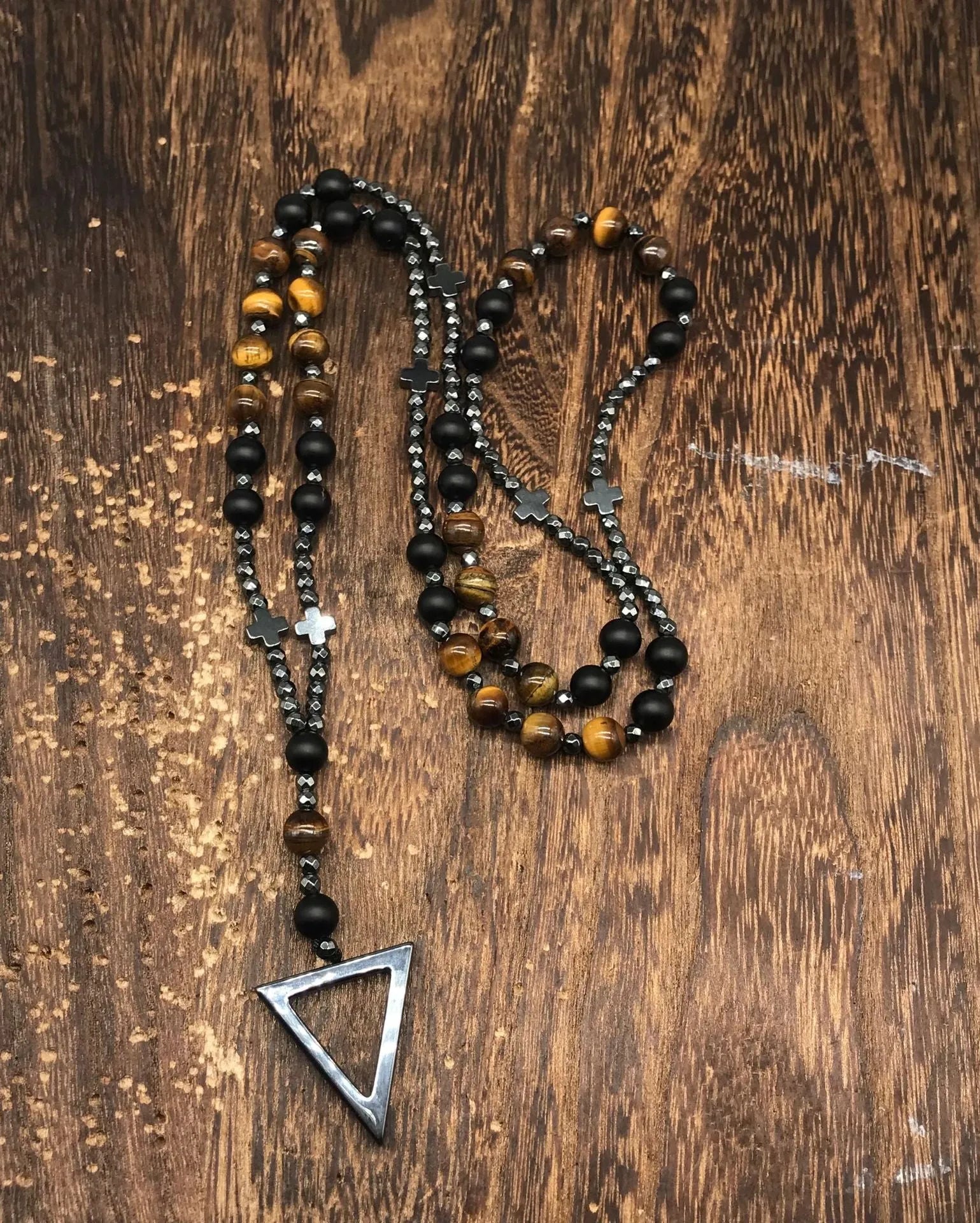 Men's stone cross pendant necklace on ball bead chain with safety lock clasp