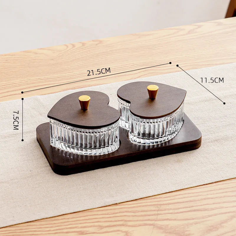 Glass snack platter with heart-shaped lids and multiple grid compartments in retro style