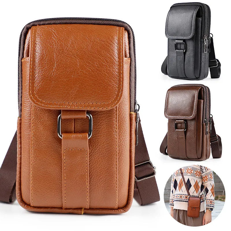 Men's black genuine leather belt crossbody waist bag with lock detail and urban style