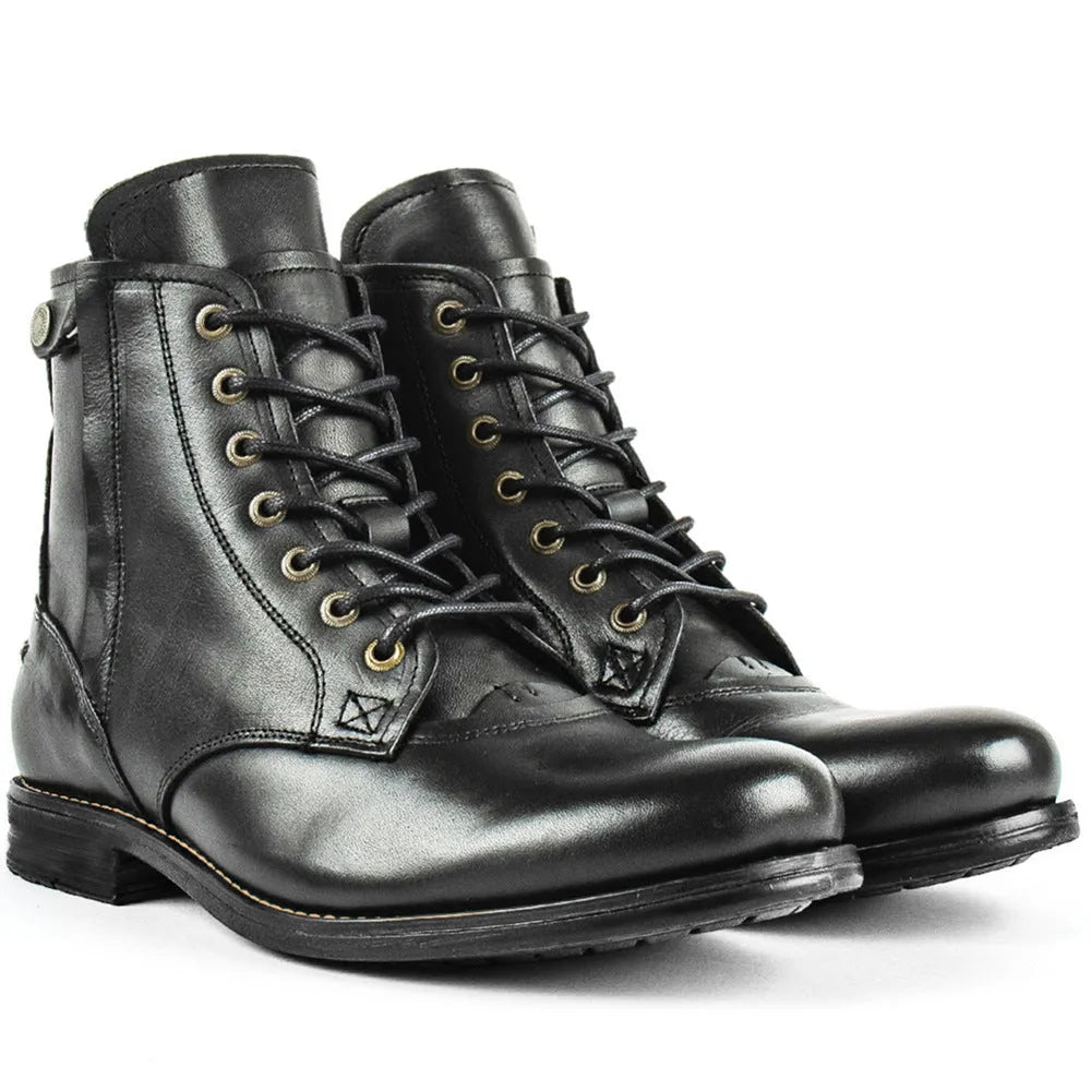 Knight Series men's black leather boot with side zipper and low heel