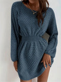 Blue women's knitted dress with hand-crocheted flower decoration and fitted waist design